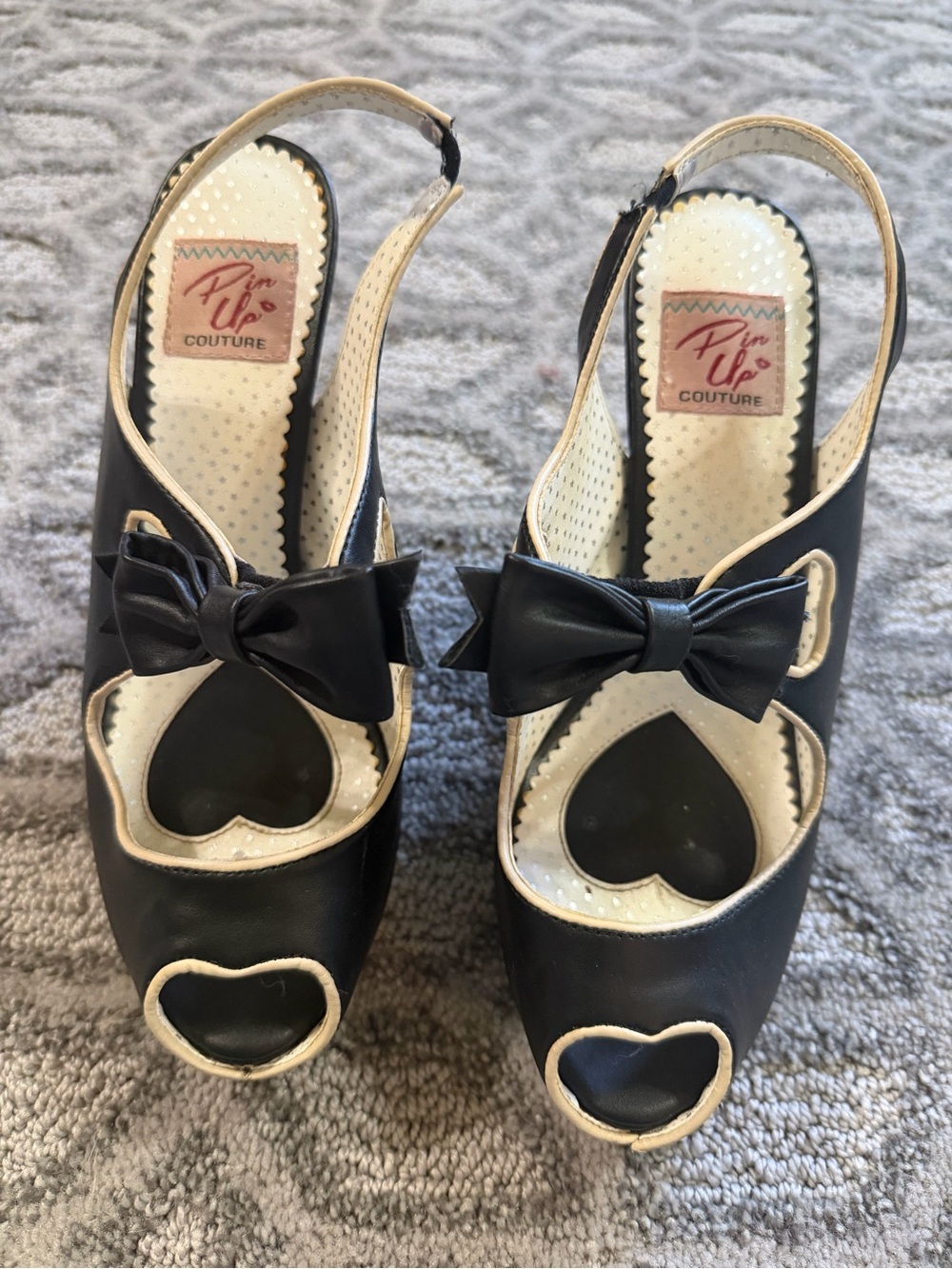 Pinup Couture Black and Cream Heart Cutout Bow Peep-Toe Slingbacks